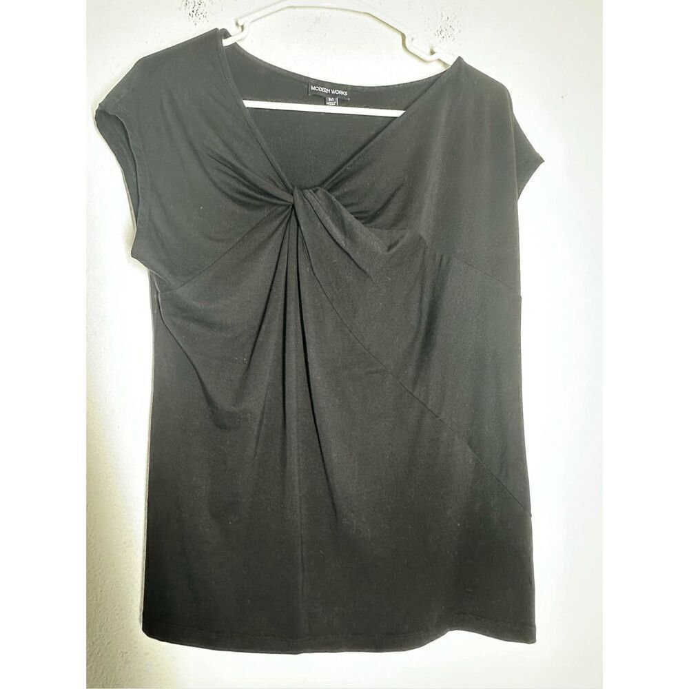 Modern Woks Womens Twist V Neck Short Sleeves Pullover Black Blouse Top Size M